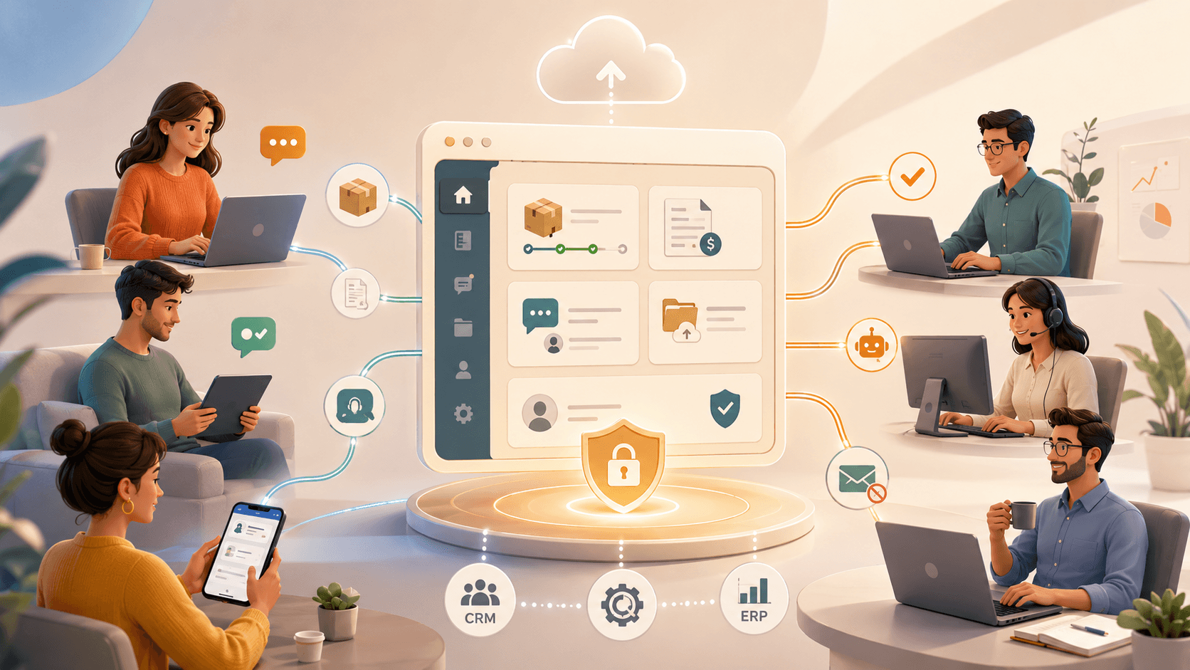Customers using a secure self service portal to check orders, invoices, support requests and documents while employees manage fewer manual tasks.