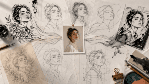 Ordinary portrait photo surrounded by multiple line art interpretations, including contour drawing, single line art, pencil sketch, geometric line art and comic ink styles.