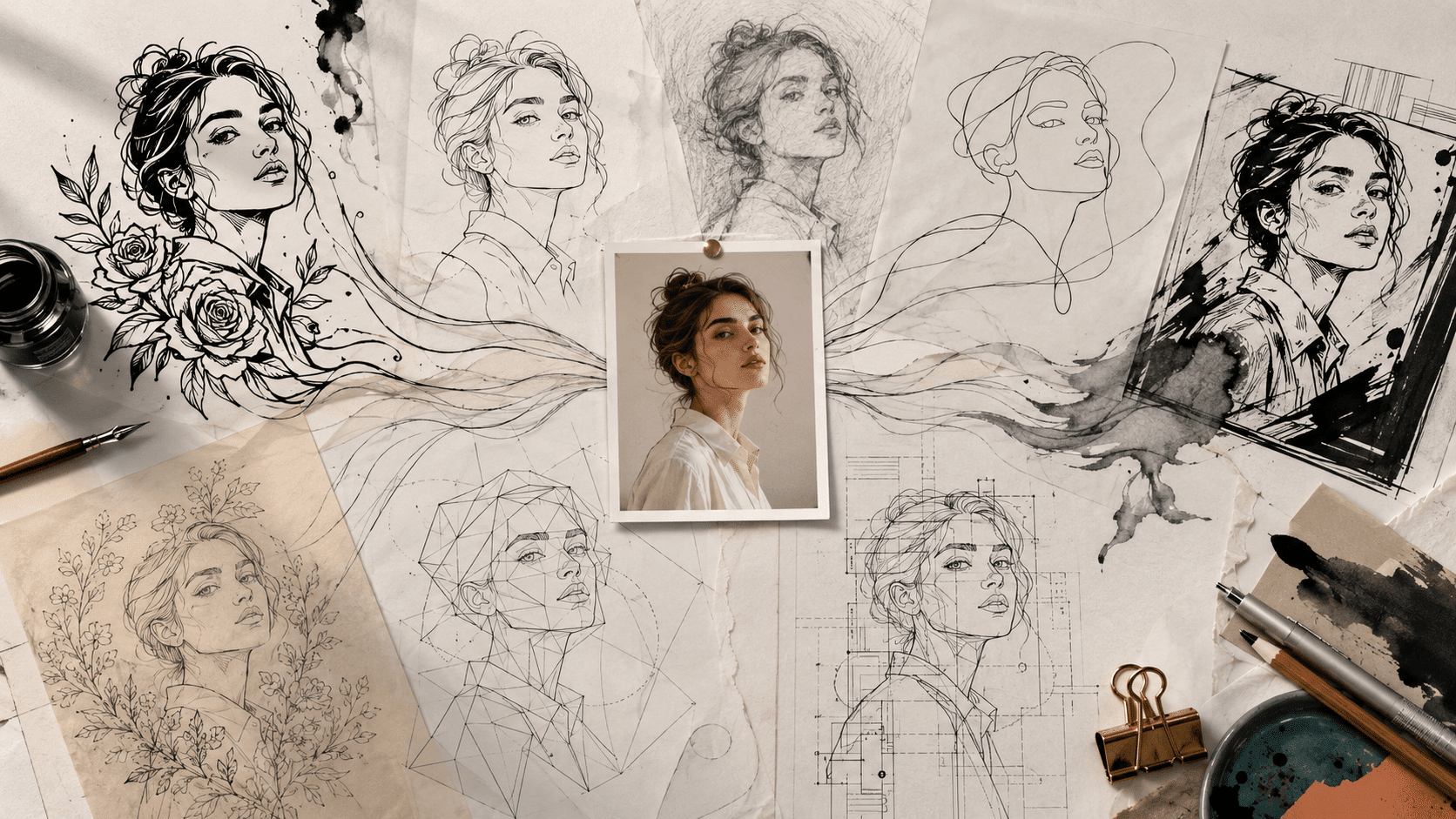 Ordinary portrait photo surrounded by multiple line art interpretations, including contour drawing, single line art, pencil sketch, geometric line art and comic ink styles.
