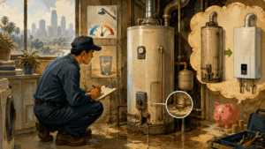 Technician inspecting a residential water heater in a Houston home utility room, with signs of leaks, sediment buildup and repair or replacement considerations.