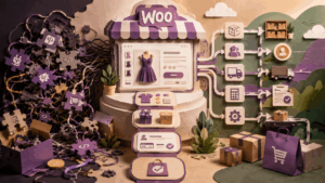 WooCommerce store illustration showing a growing ecommerce business moving from tangled plugin based workflows to a custom system for inventory, shipping, CRM and order management.