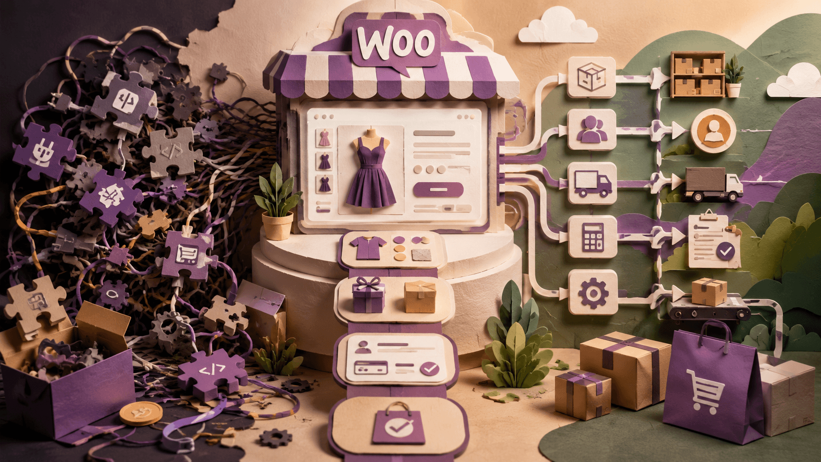 WooCommerce store illustration showing a growing ecommerce business moving from tangled plugin based workflows to a custom system for inventory, shipping, CRM and order management.