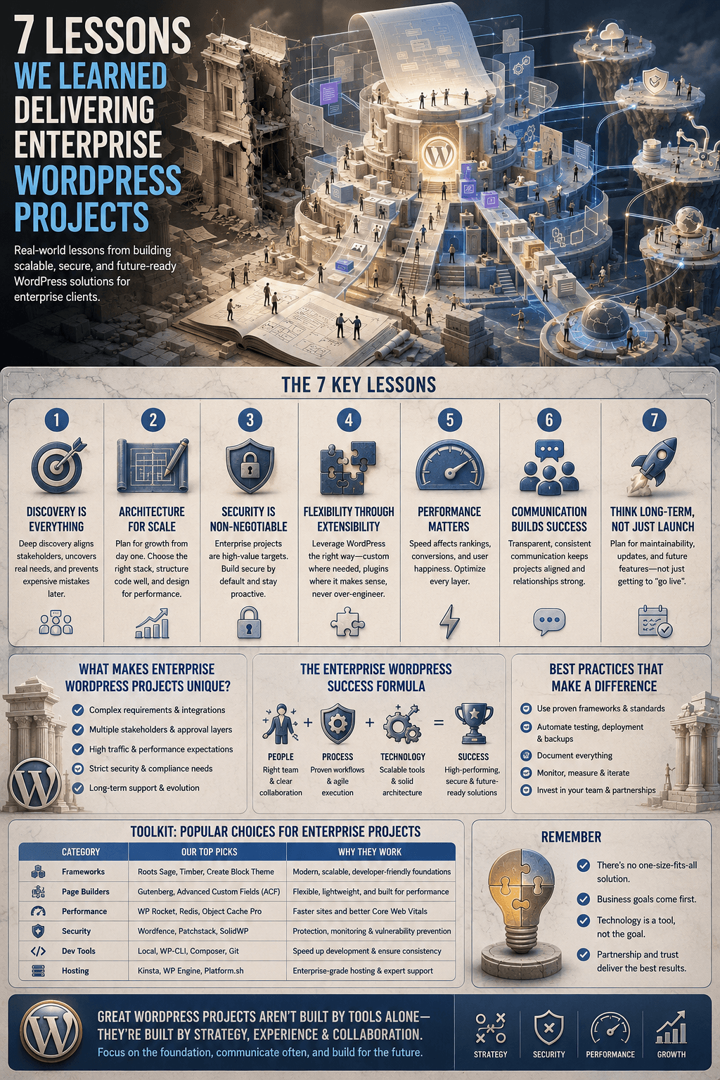 An enterprise web development visual guide detailing 7 Lessons We Learned Delivering Enterprise WordPress Projects, highlighting scalable architecture, security protocols, Gutenberg and ACF workflows, and hosting toolkits.