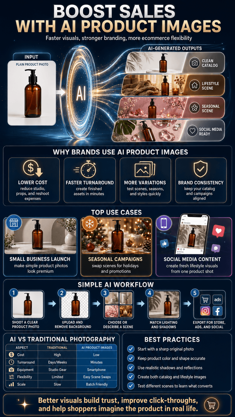 An e-commerce guide visual titled Boost Sales with AI Product Images, outlining AI product photography workflows, use cases, cost comparisons, and optimization best practices.