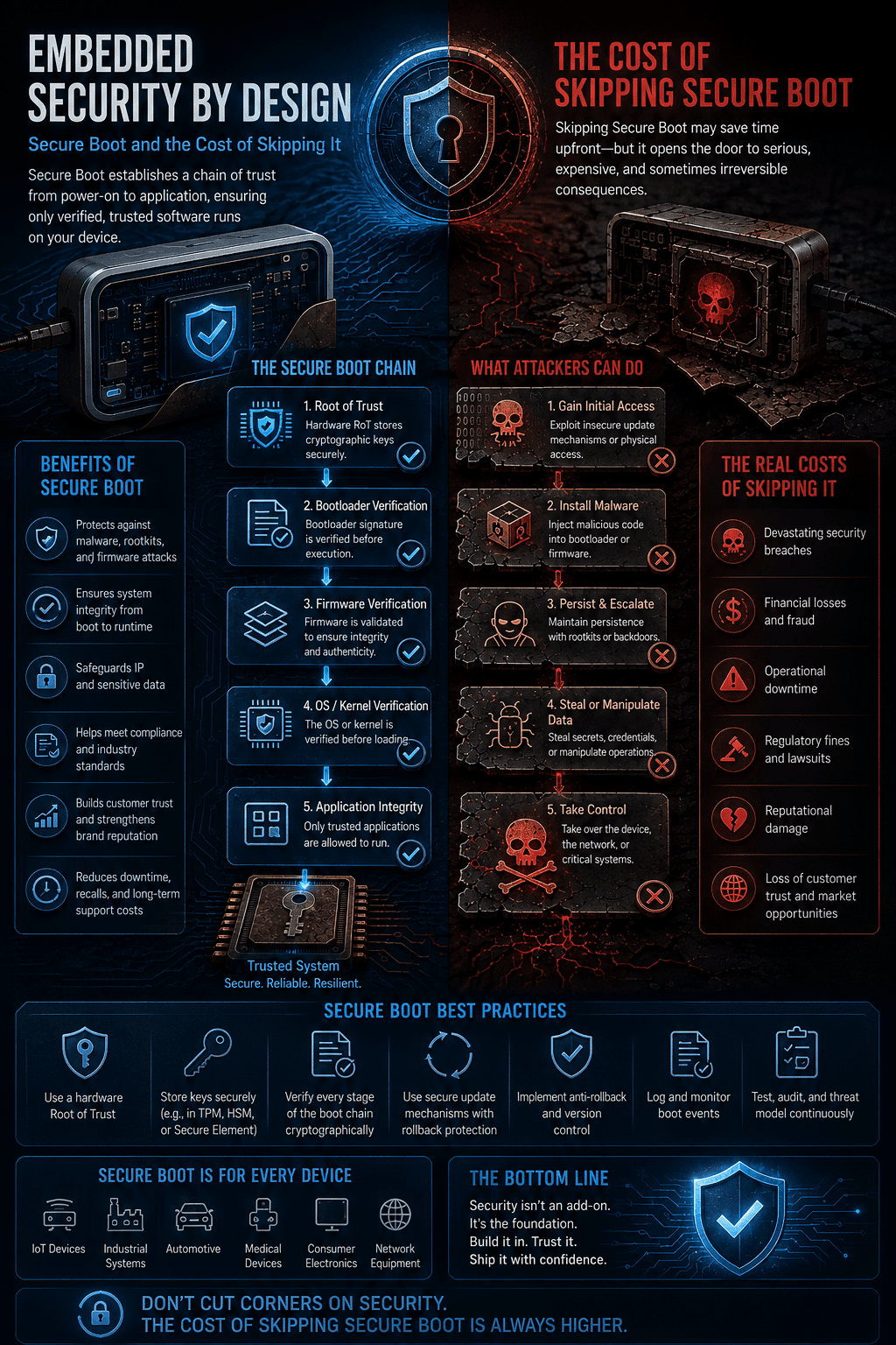 An embedded systems security infographic detailing Infographic: Embedded Security by Design: Secure Boot and the Cost of Skipping It, comparing cryptographic chain of trust stages against malware exploits, hardware Root of Trust best practices, and firmware attack risks.