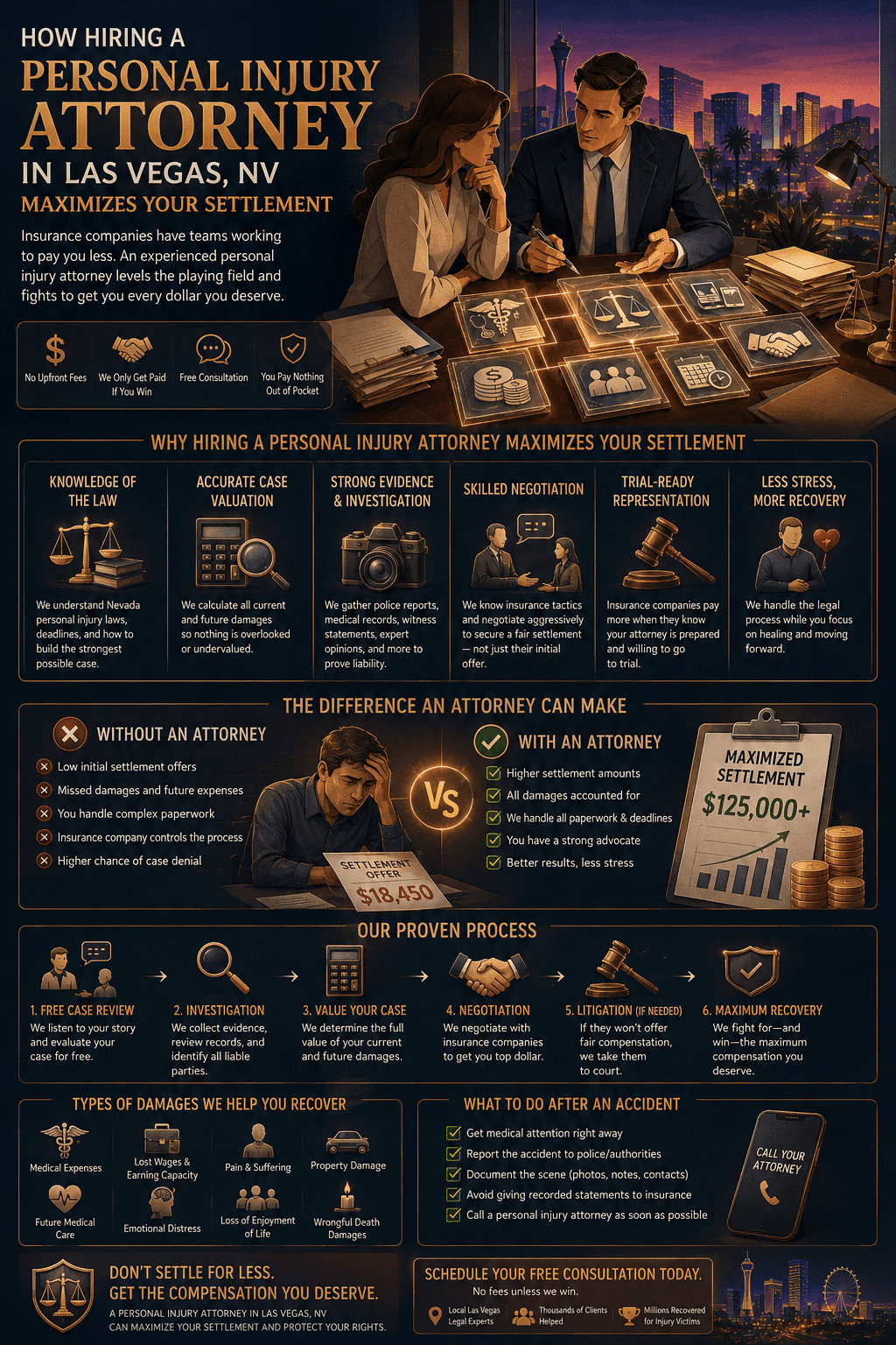 A legal consultation infographic detailing Infographic: How Hiring A Personal Injury Attorney in Las Vegas NV Maximizes Your Settlement, comparing settlement outcomes, Nevada personal injury laws, accident steps, and medical damage claims.