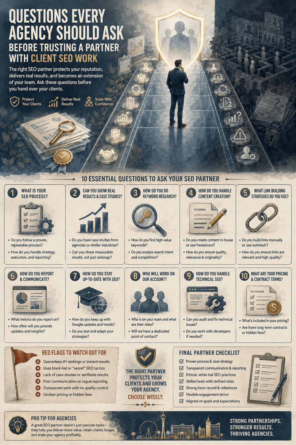 An agency management visual guide detailing Infographic: Questions Every Agency Should Ask Before Trusting a Partner With Client SEO Work, featuring 10 essential partner evaluation questions, white-label SEO red flags, and vetting checklists.