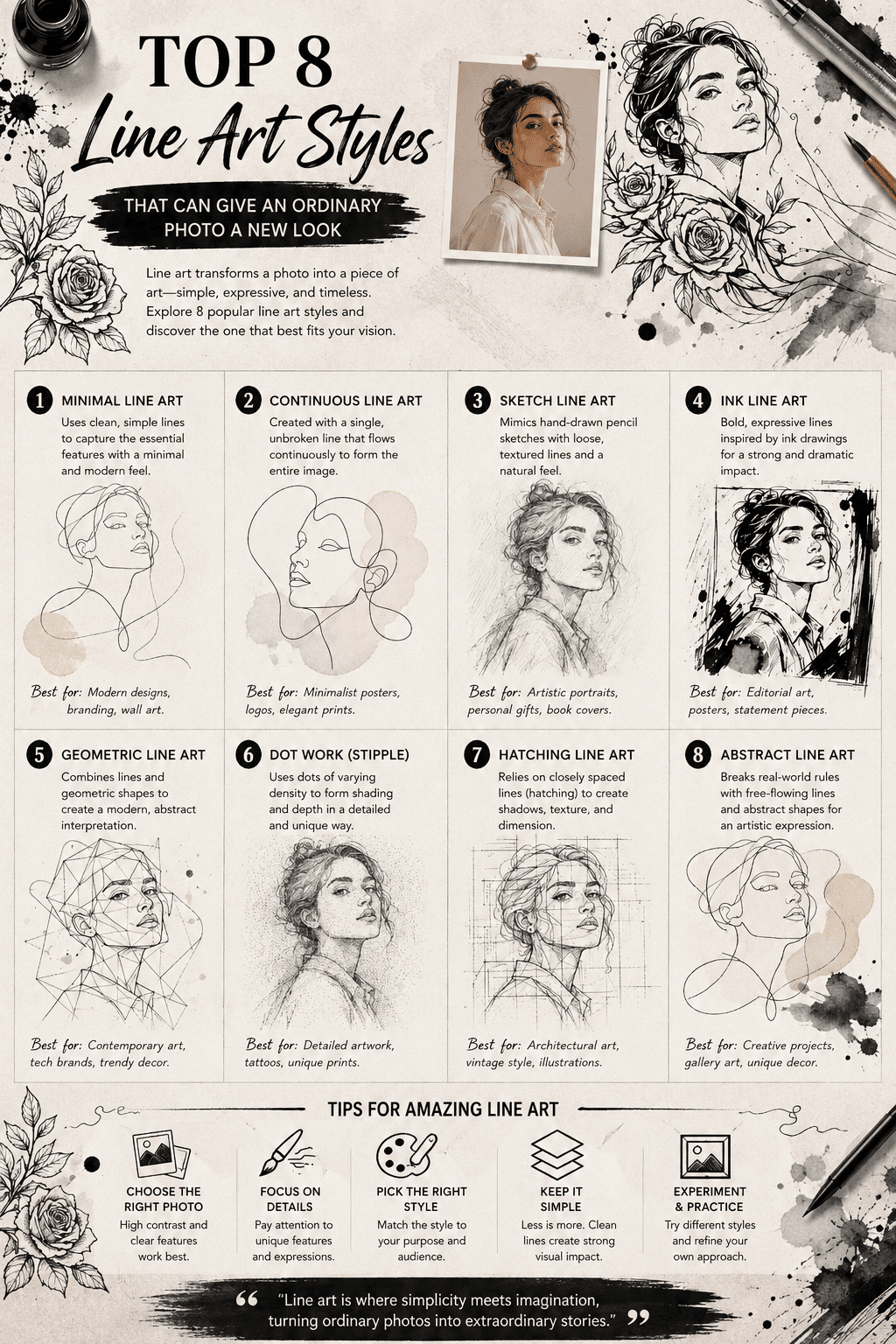An artistic digital illustration guide detailing Infographic: Top 8 Line Art Styles That Can Give an Ordinary Photo a New Look, featuring continuous line art, stippling, hatching, geometric line art, and photo vector conversion techniques.