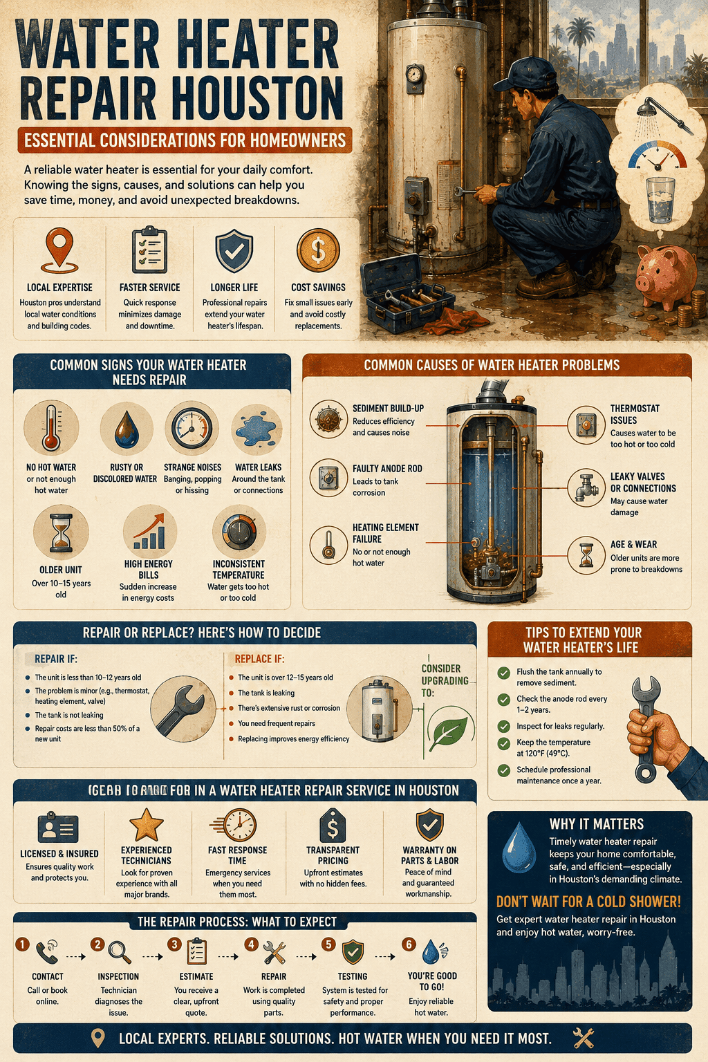 A residential plumbing infographic detailing Water Heater Repair Houston: Considerations For Homeowners, illustrating warning signs, common tank issues, repair vs. replacement guidelines, and preventive maintenance advice.