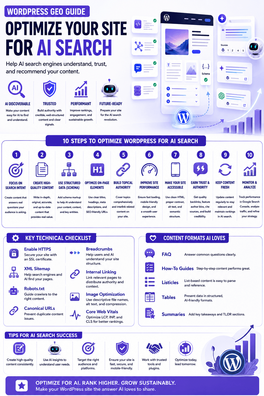 A technical web optimization infographic detailing the Infographic: WordPress GEO Guide: Optimize Your Site for AI Search, illustrating a ten-step implementation plan, a developer technical checklist, and high-citation content formats.