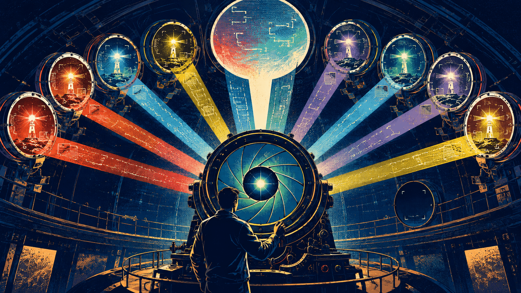 Silkscreen illustration of a marketer comparing brand visibility across ten AI answer engine lenses.
