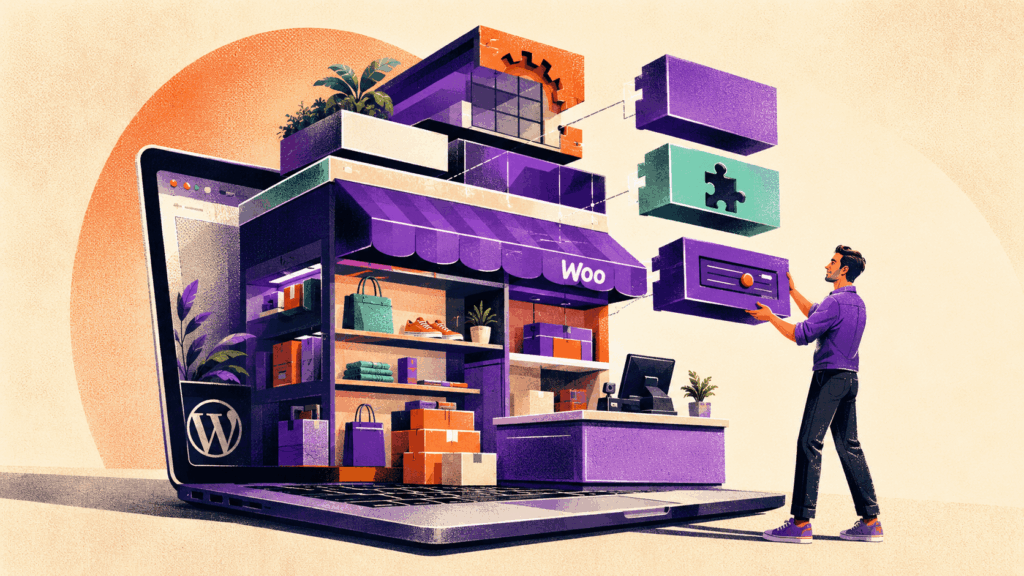 A business owner adds modular features to a WooCommerce storefront emerging from a WordPress laptop.