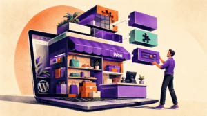 A business owner adds modular features to a WooCommerce storefront emerging from a WordPress laptop.
