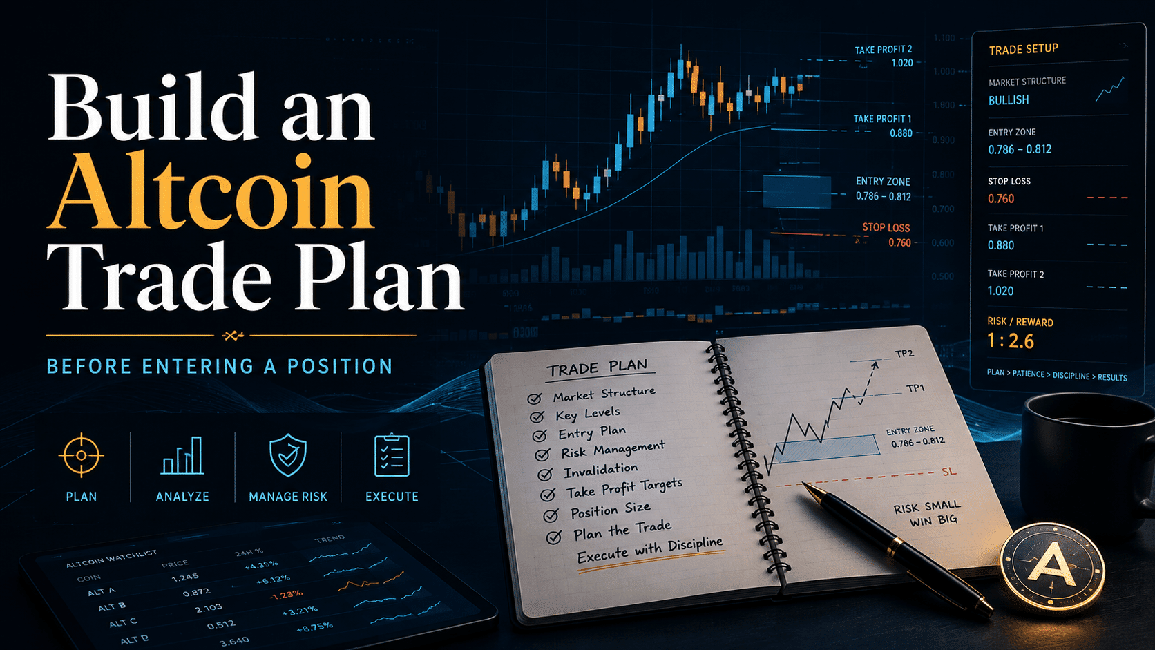 Infographic detailing an altcoin trade plan checklist, including market structure, key levels, entry zone, and risk management targets.