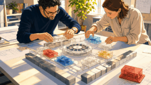 Anime illustration of two professionals designing a modular iGaming SaaS platform with isolated systems and auditable infrastructure.