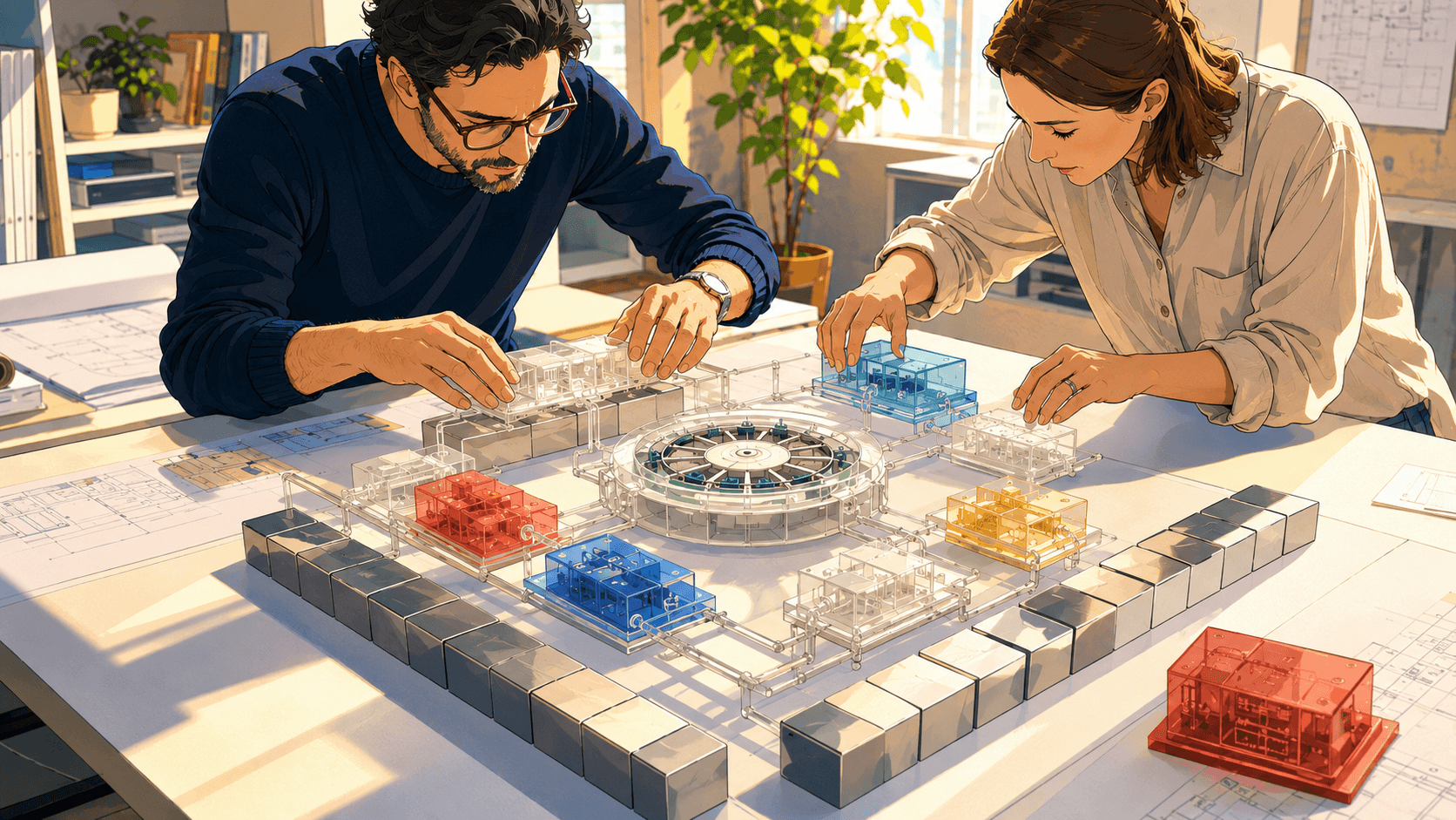 Anime illustration of two professionals designing a modular iGaming SaaS platform with isolated systems and auditable infrastructure.