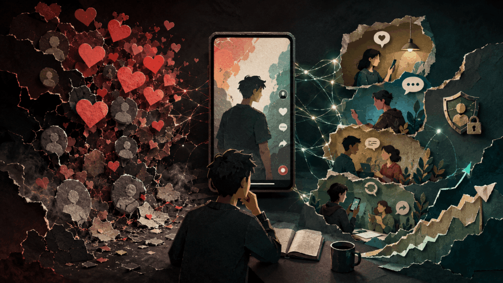 Creator analyzing a TikTok style video screen with fake likes fading on one side and a smaller but genuine engaged audience on the other.