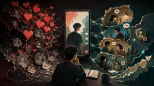 Creator analyzing a TikTok style video screen with fake likes fading on one side and a smaller but genuine engaged audience on the other.
