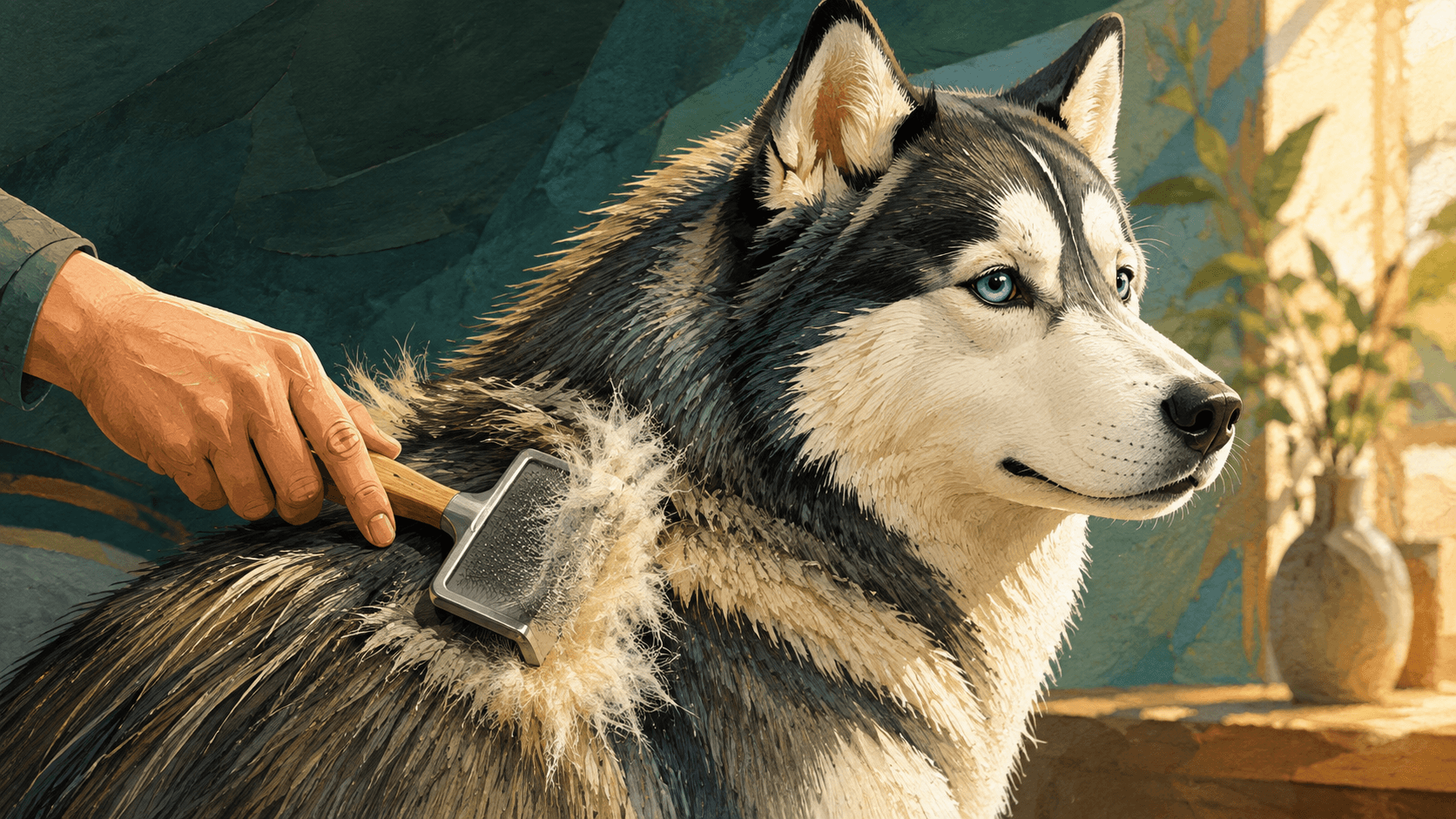 A groomer gently brushes loose undercoat from a calm Siberian Husky while preserving its healthy outer coat.