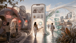 Shoppers moving through a mobile ecommerce journey with fast pages, secure checkout, AI recommendations and a contrasting path of cart friction.