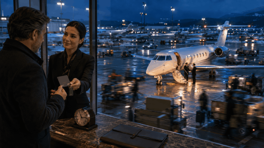 Traveler receives a jet membership card while a private aircraft waits at a crowded airport during peak travel.