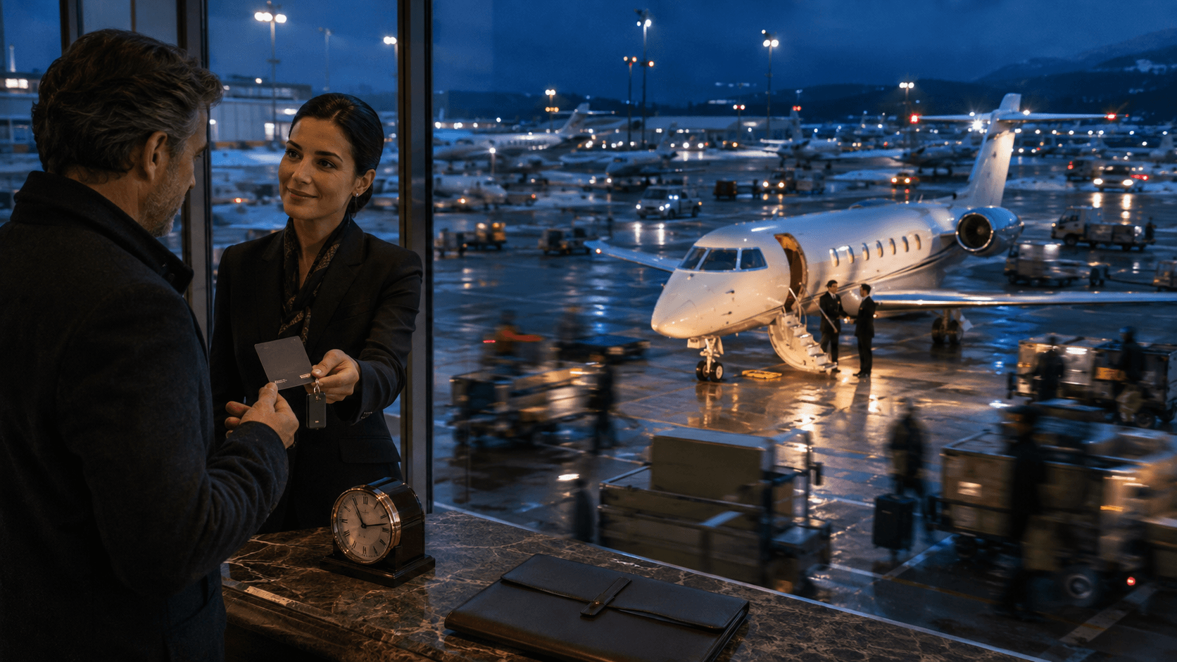 Traveler receives a jet membership card while a private aircraft waits at a crowded airport during peak travel.