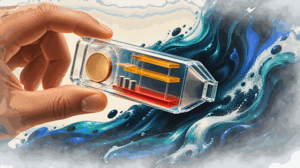 Hand holds a transparent trade capsule containing a token, risk boundary and profit levels before entering a volatile market.
