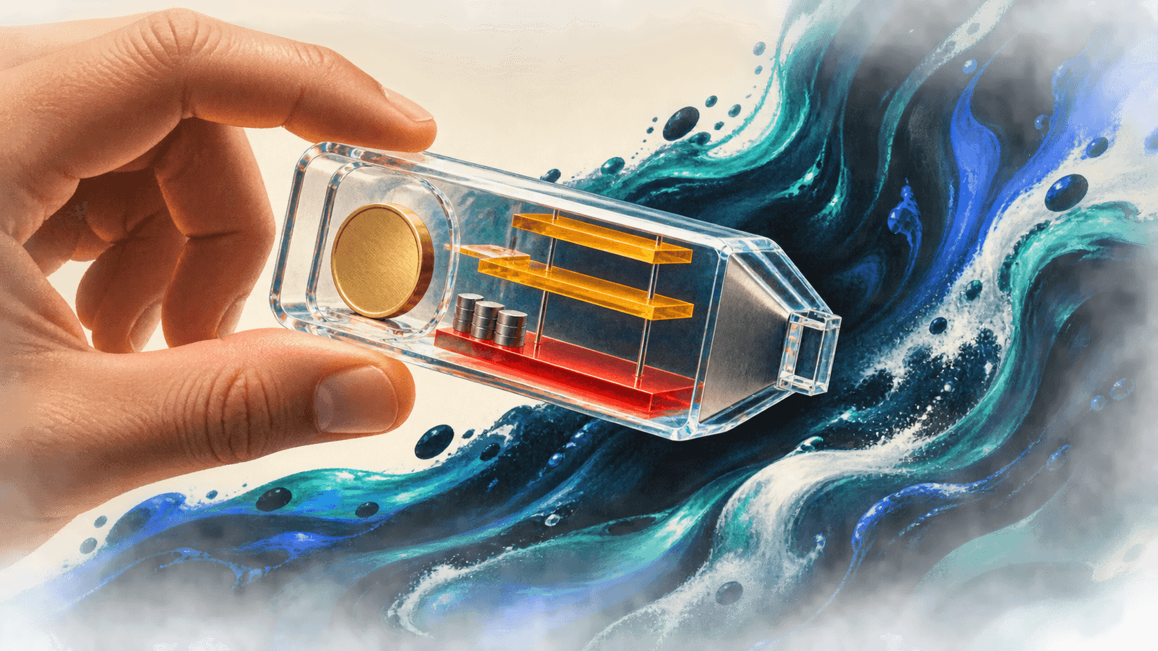 Hand holds a transparent trade capsule containing a token, risk boundary and profit levels before entering a volatile market.