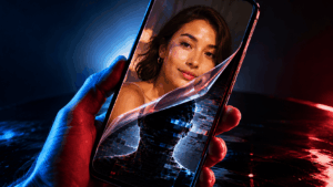 A dating profile portrait peels away from a smartphone screen to reveal an anonymous digital figure hidden underneath.