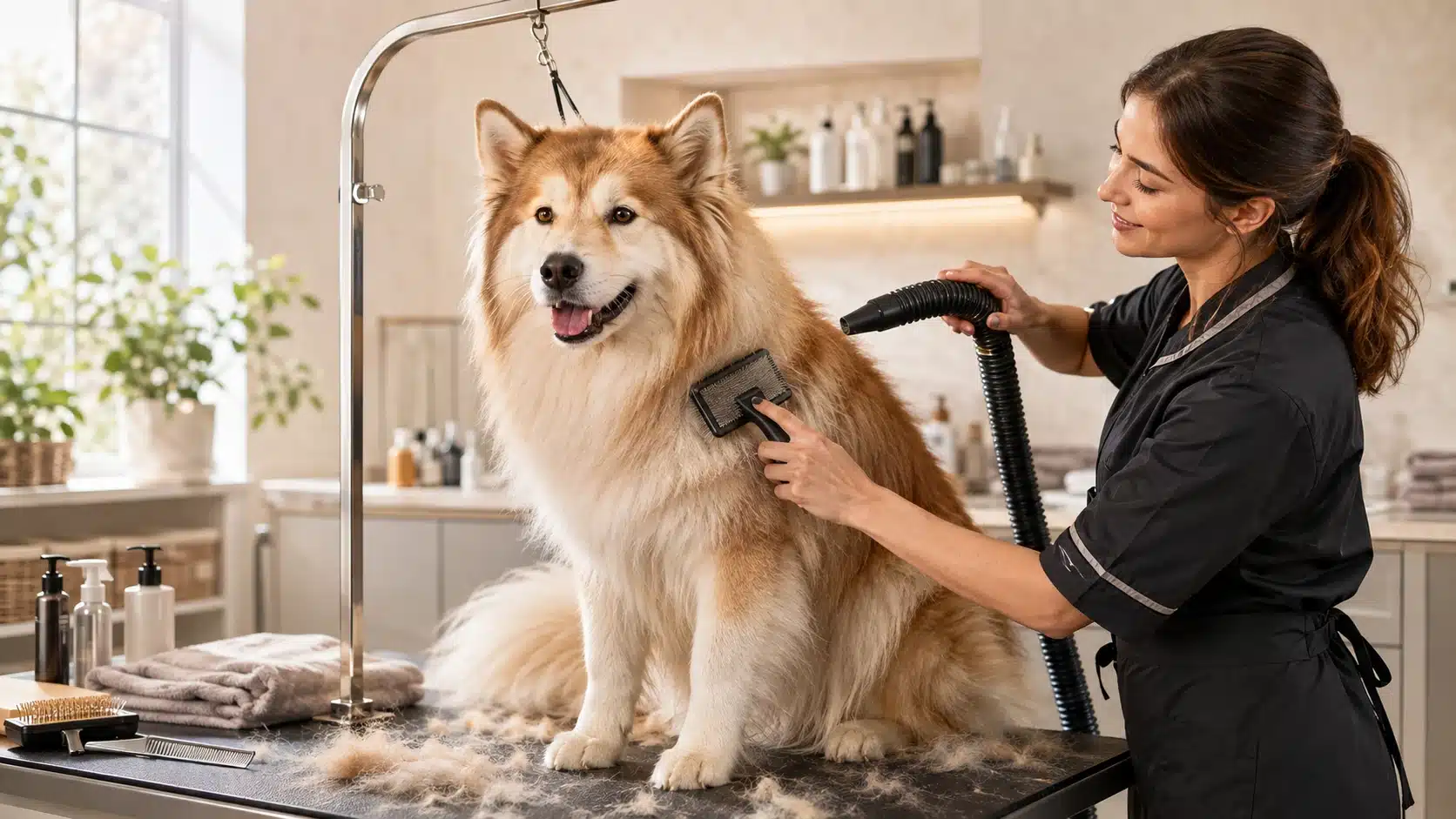 Professional groomer brushing and blow drying a double coated dog to remove loose undercoat