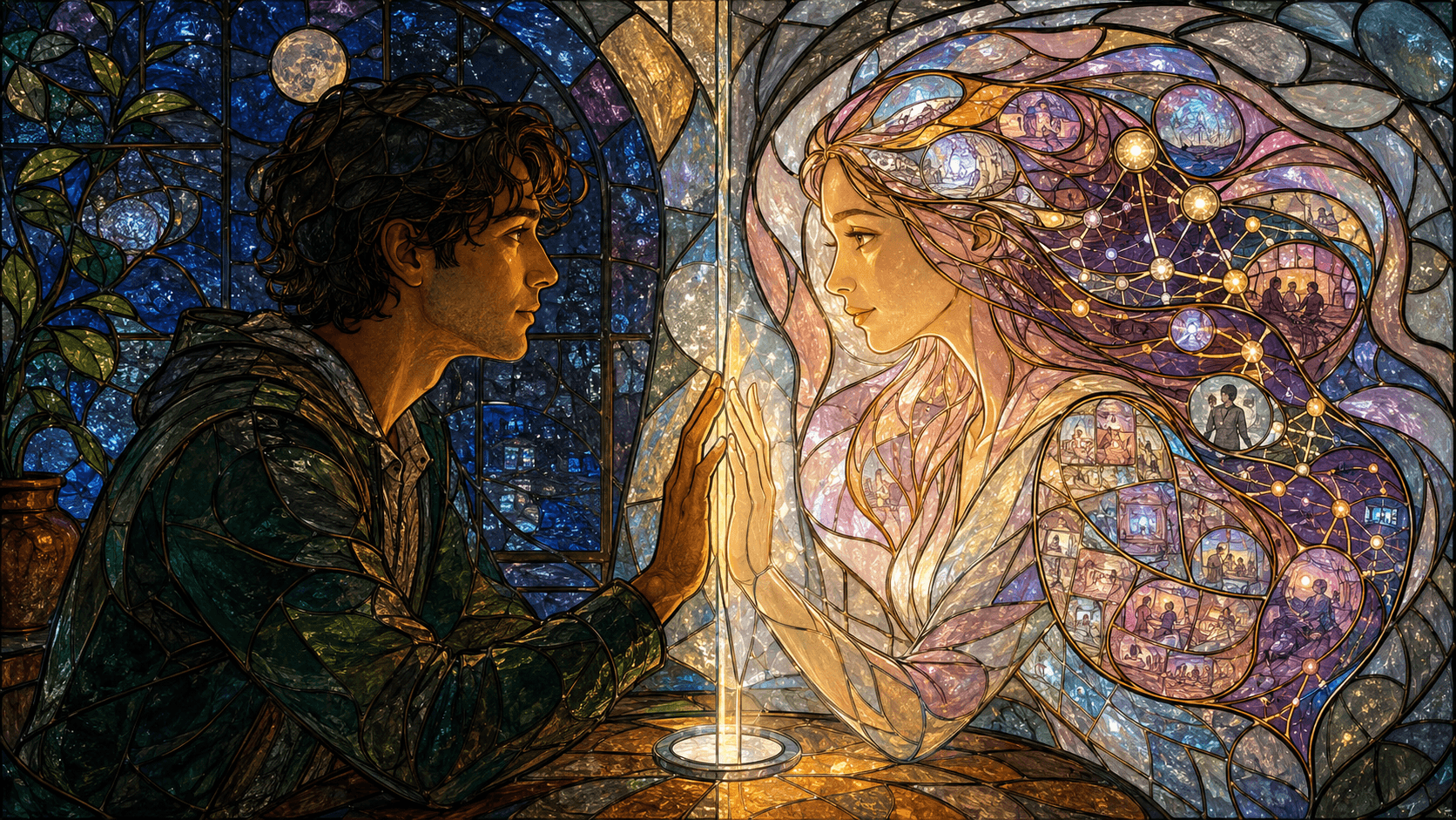 A man touches a glass barrier separating him from a luminous AI companion formed from memories and neural connections.