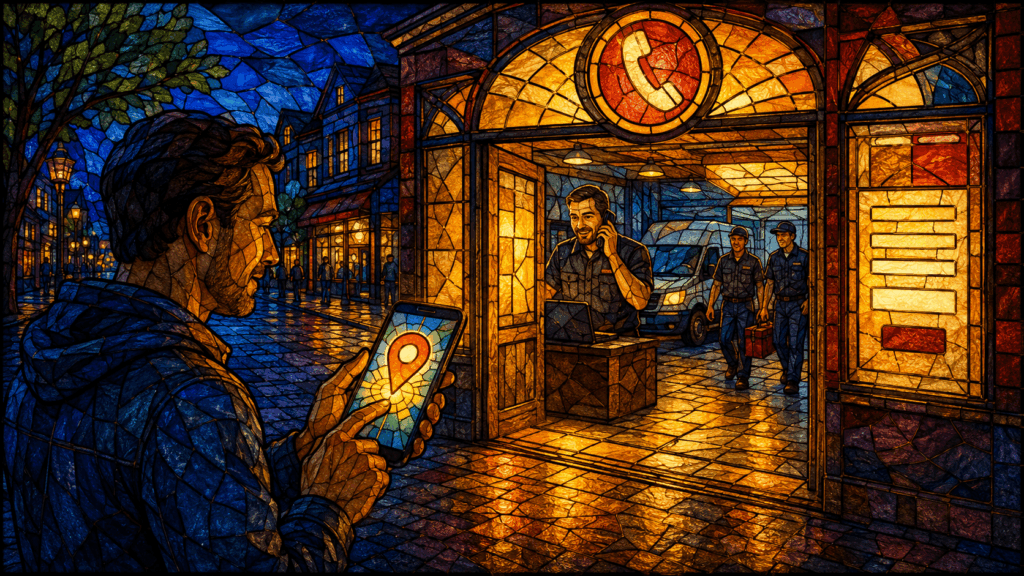 Stained glass scene of a customer tapping a Google Maps pin while a local service business answers the call and prepares its team.