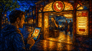 Stained glass scene of a customer tapping a Google Maps pin while a local service business answers the call and prepares its team.