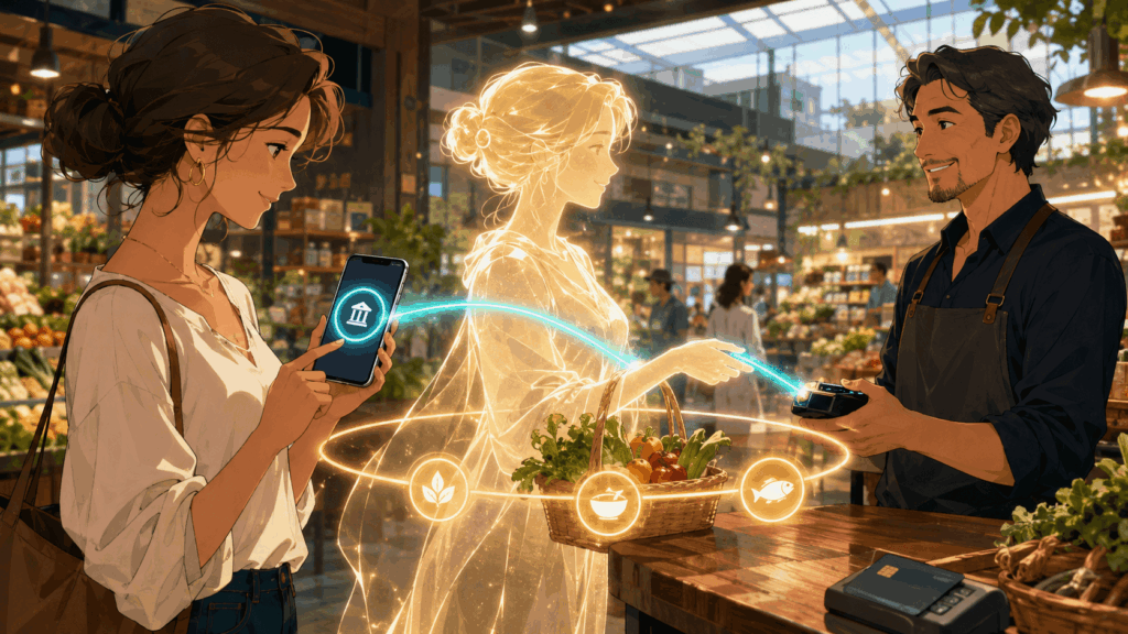 Anime illustration of a consumer authorizing an AI shopping assistant to pay a merchant directly through open banking.