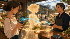 Anime illustration of a consumer authorizing an AI shopping assistant to pay a merchant directly through open banking.
