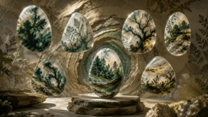 Unique moss agate stones displayed with different green mineral patterns resembling forests, branches, delicate wisps and natural landscapes.