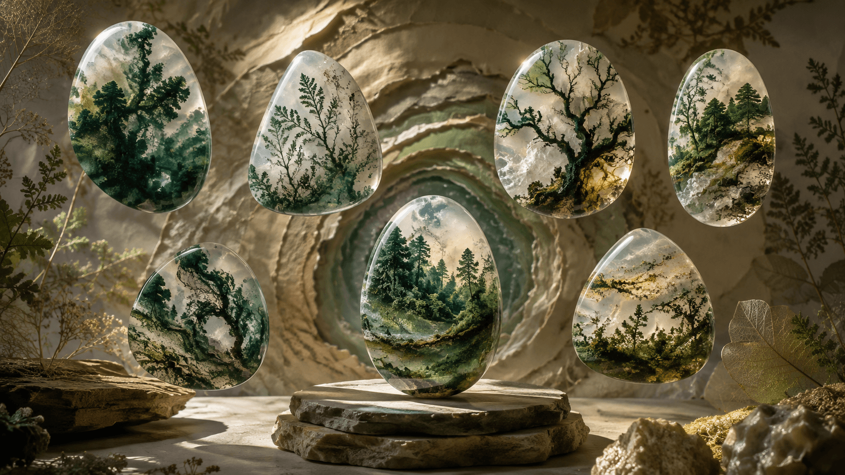 Unique moss agate stones displayed with different green mineral patterns resembling forests, branches, delicate wisps and natural landscapes.