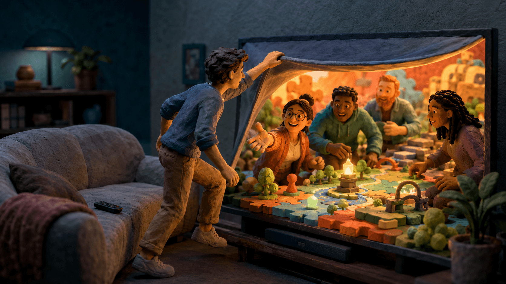 Clay illustration of a viewer opening a television screen to join friends in an interactive game while a remote rests on the couch.