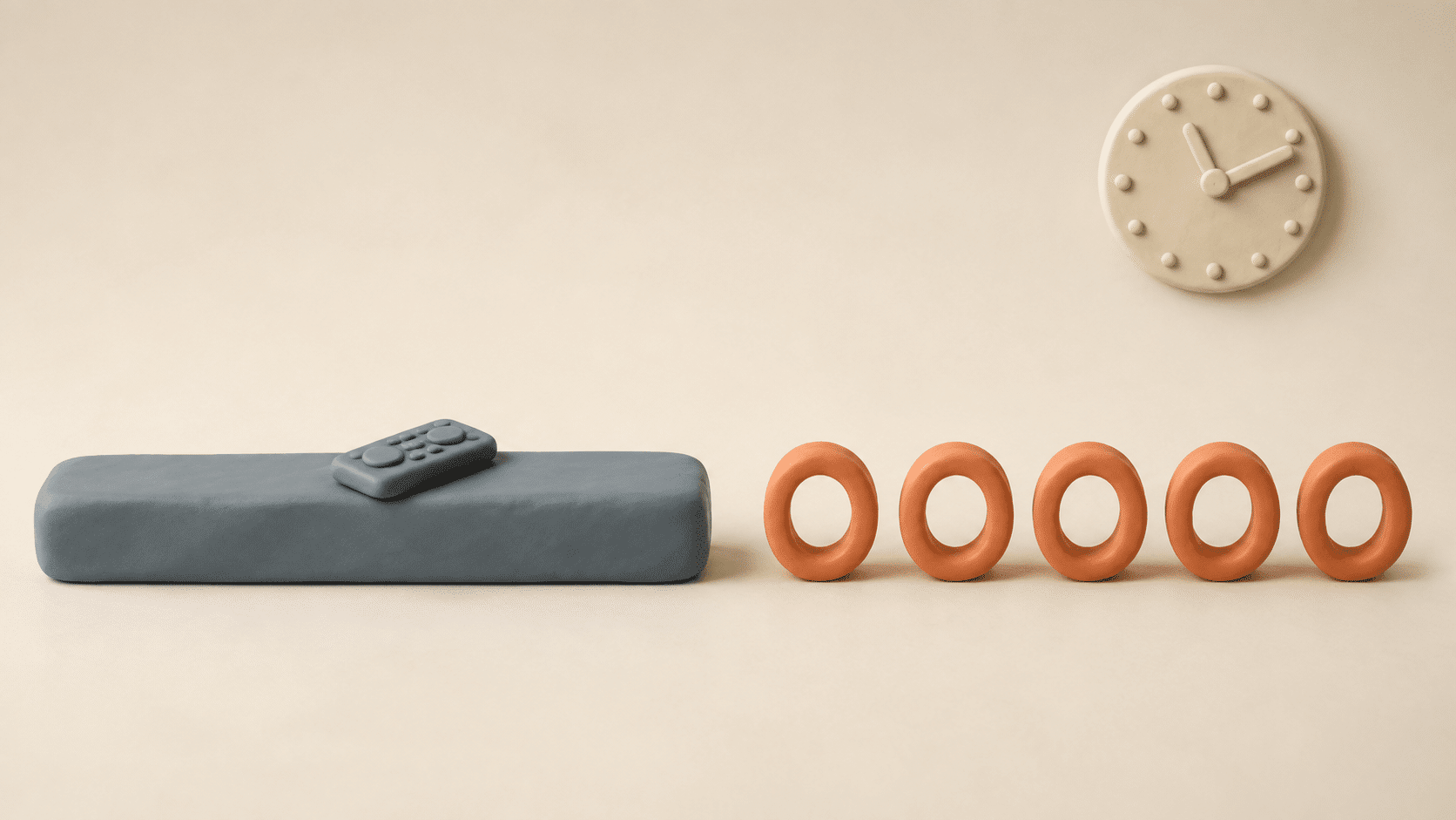 Clay illustration comparing one long unfinished block of viewing time against five short completed interactive sessions