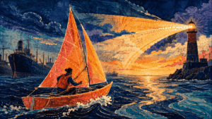 Batik illustration of a small sailboat following a lighthouse beam while larger ships remain anchored in a crowded harbor.