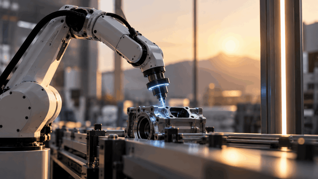 Industrial robotic arm using AI assisted technology to inspect a precision metal component on a modern manufacturing line.