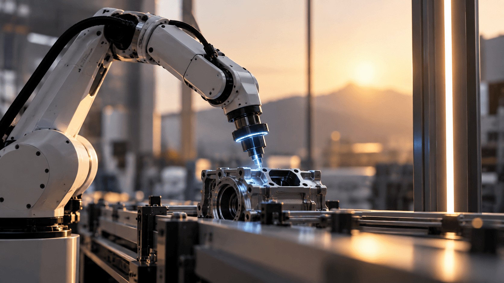 Industrial robotic arm using AI assisted technology to inspect a precision metal component on a modern manufacturing line.