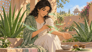 Anime illustration of a woman performing an aloe vera patch test beside two aloe varieties in a sunlit Ayurvedic courtyard.
