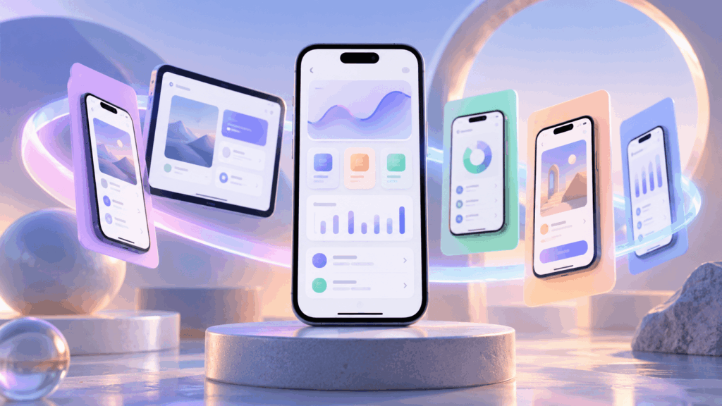 Stylized mobile devices displaying coordinated app screens with consistent layouts, colors, and interface designs.