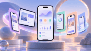 Stylized mobile devices displaying coordinated app screens with consistent layouts, colors, and interface designs.