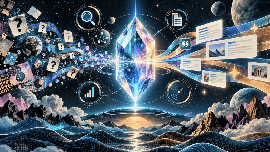 Futuristic crystal transforming questions into AI answers, citations and search visibility signals in a cosmic digital landscape.
