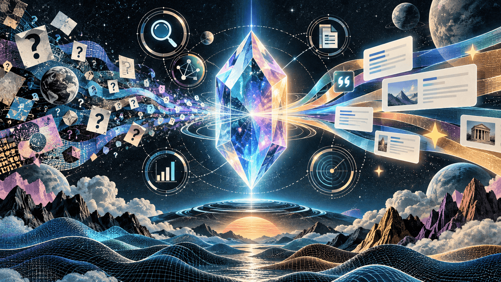 Futuristic crystal transforming questions into AI answers, citations and search visibility signals in a cosmic digital landscape.