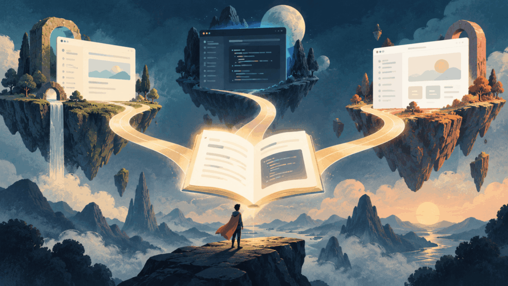 Fantasy style illustration of an open documentation book leading to different software documentation platforms and interfaces.