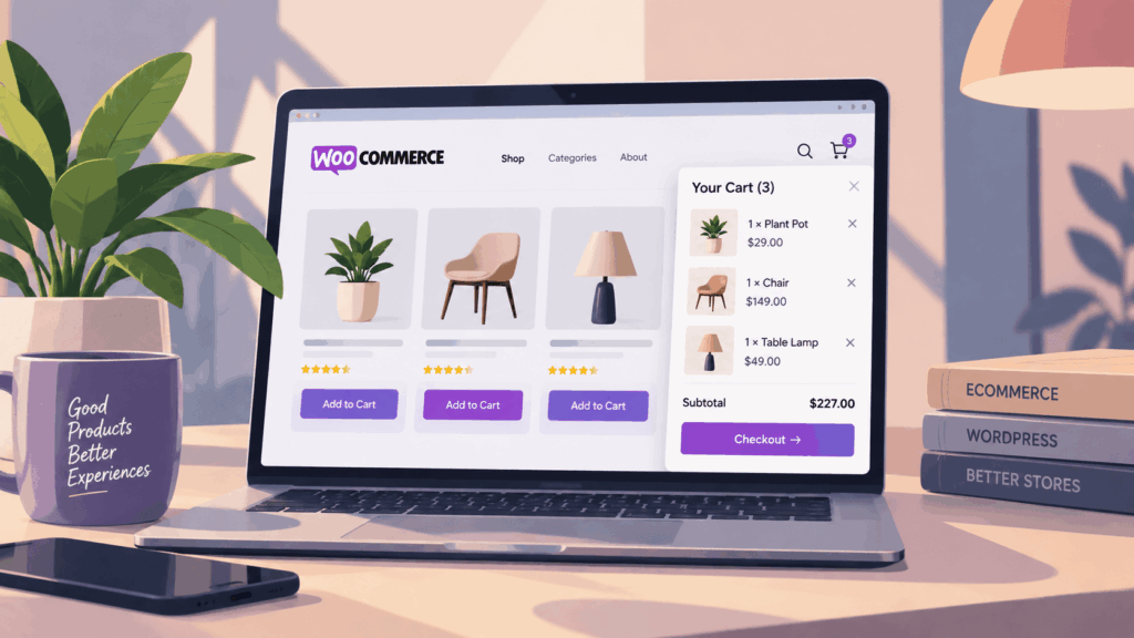Illustrated WooCommerce store on a laptop with a side mini cart showing products, quantities, prices, and checkout.