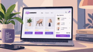 Illustrated WooCommerce store on a laptop with a side mini cart showing products, quantities, prices, and checkout.